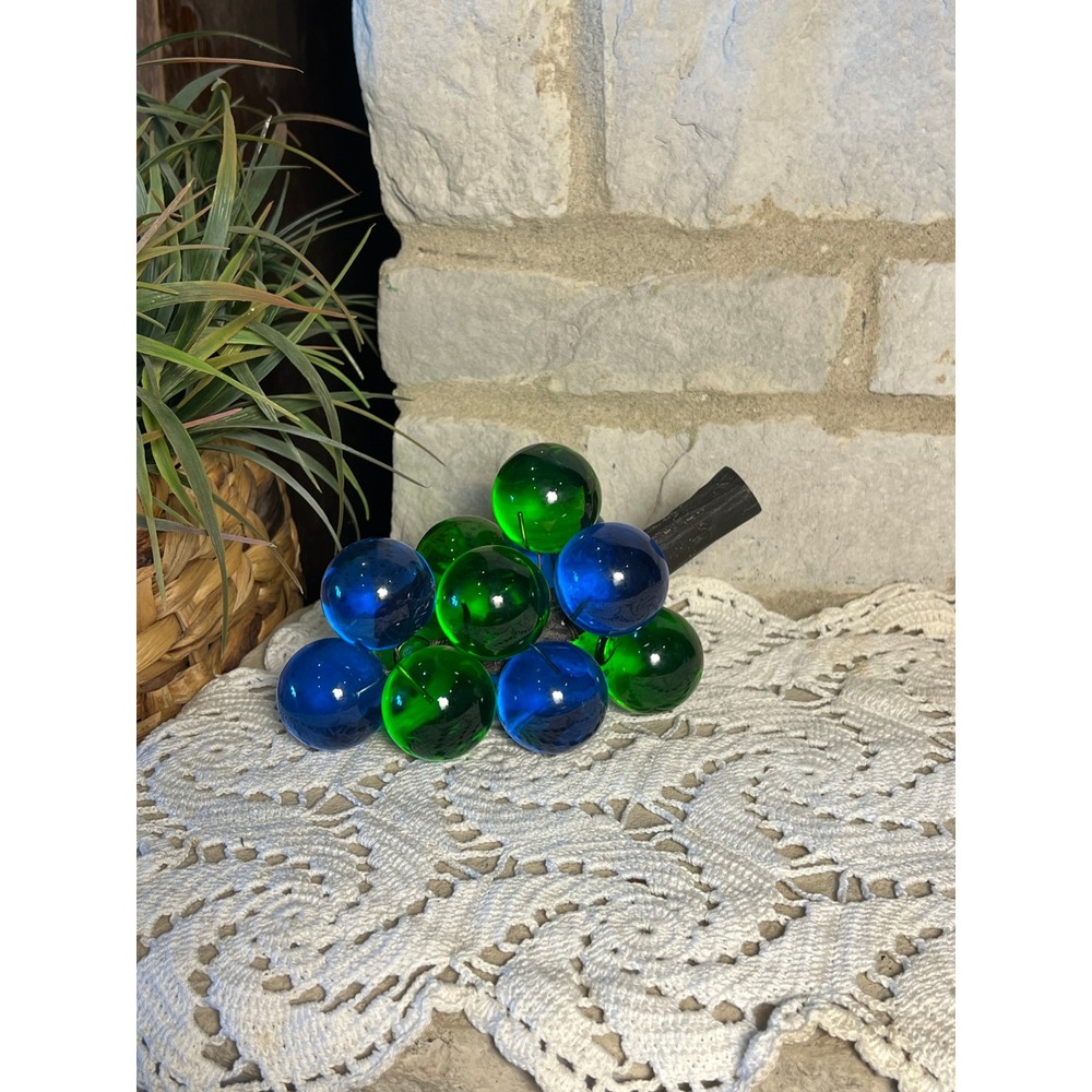 Vintage Mid Century Modern Blue Green Glass Grape Cluster Faux Wood Stem Decor